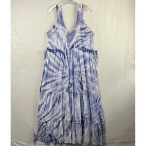 Romantic Gypsy Maxi Dress 1X Boho Hippie Tiered Crochet Tie Dye Blue Coastal